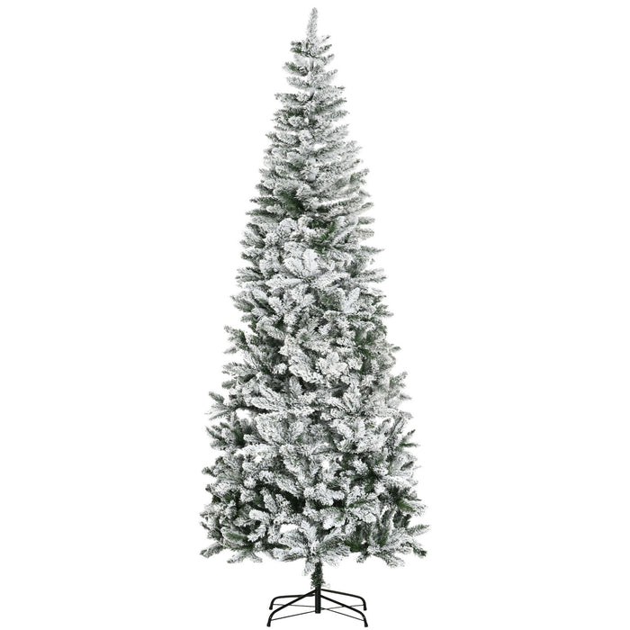9FT Snow Flocked Pencil Artificial Christmas Tree — 1084 Tips, Unlit, Auto - Open, Green White, Steel Base - Monsta Online