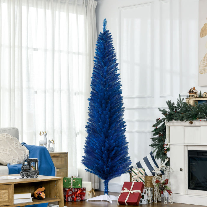 7FT Blue Pencil Artificial Christmas Tree — 499 Tips, Unlit, Slim Space - Saving, Realistic, Plastic Base - Monsta Online