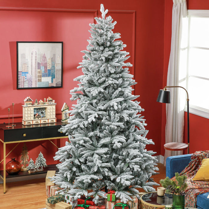8FT Snow Flocked Artificial Christmas Tree — 2003 Tips, Unlit, Auto - Open Hinged, Full Shape, Metal Base - Monsta Online