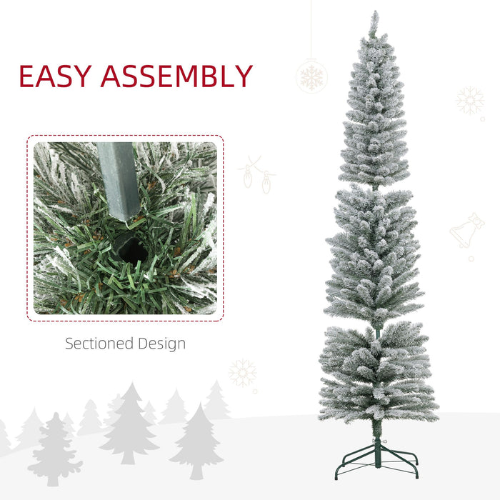 7FT Snow Flocked Pencil Artificial Christmas Tree — 405 Tips, Unlit, Slim Space - Saving, Metal Base - Monsta Online