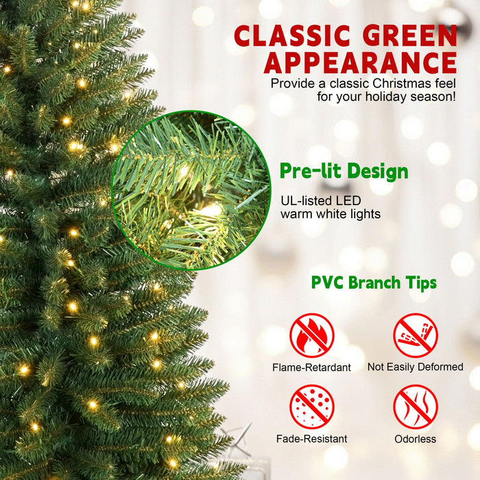 7FT Pre - Lit Pencil Artificial Christmas Tree — 200 Warm White LED, Slim, 469 Tips, Metal Stand - Monsta Online