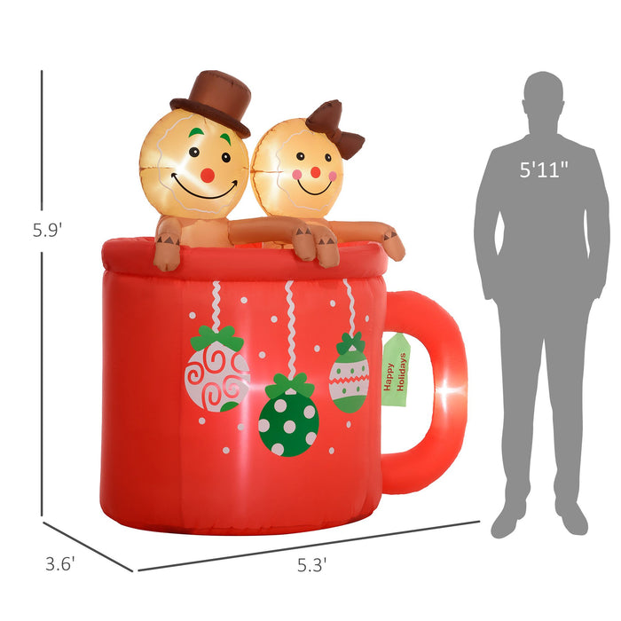 6FT Prelit Inflatable Gingerbread Couple in Hot Cocoa Mug with LED Lights - Outdoor Christmas Decoration - Monsta Online