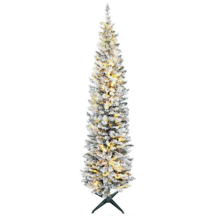 7FT Slim Pencil Pre - Lit Artificial Christmas Tree — 210 Warm White LEDs, 499 Tips, Space - Saving, Steel Base - Monsta Online