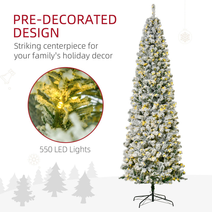 9FT Snow Flocked Pre - Lit Artificial Christmas Tree — 550 Warm White LEDs, 988 Tips, Hinged, Steel Base - Monsta Online