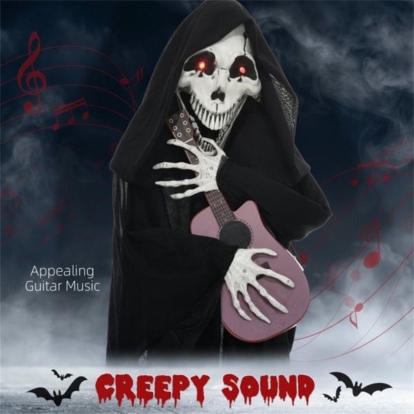 4.2ft Animatronic Halloween Grim Reaper Playing Guitar – Red Glowing Eyes and Spooky Music - Monsta Online