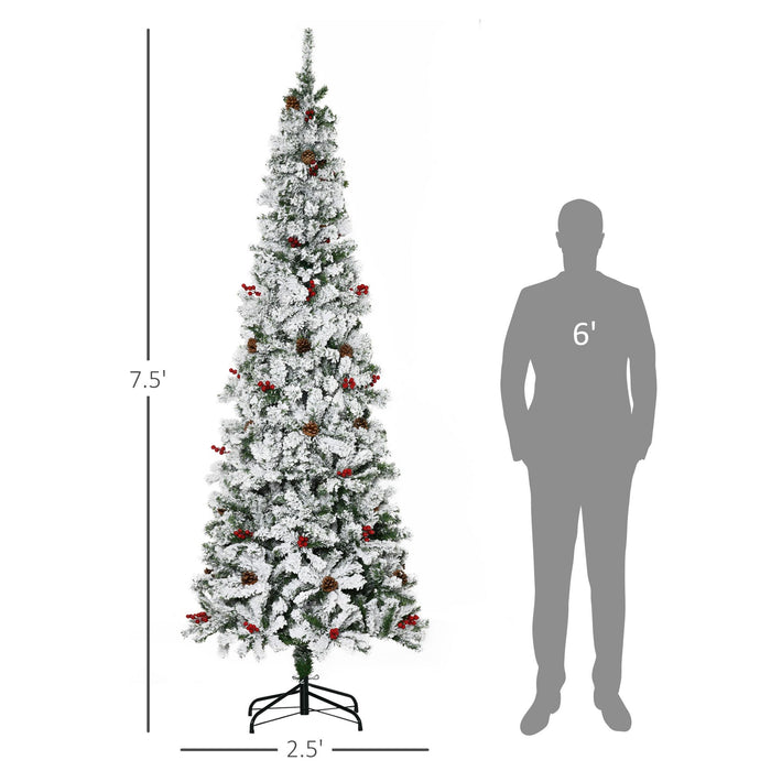7.5FT Flocked Pencil Artificial Christmas Tree — 950 Tips, Snow, Pinecones, Berries, Unlit, Auto - Open - Monsta Online