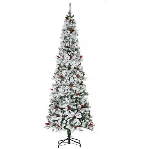 7.5FT Flocked Pencil Artificial Christmas Tree — 950 Tips, Snow, Pinecones, Berries, Unlit, Auto - Open - Monsta Online