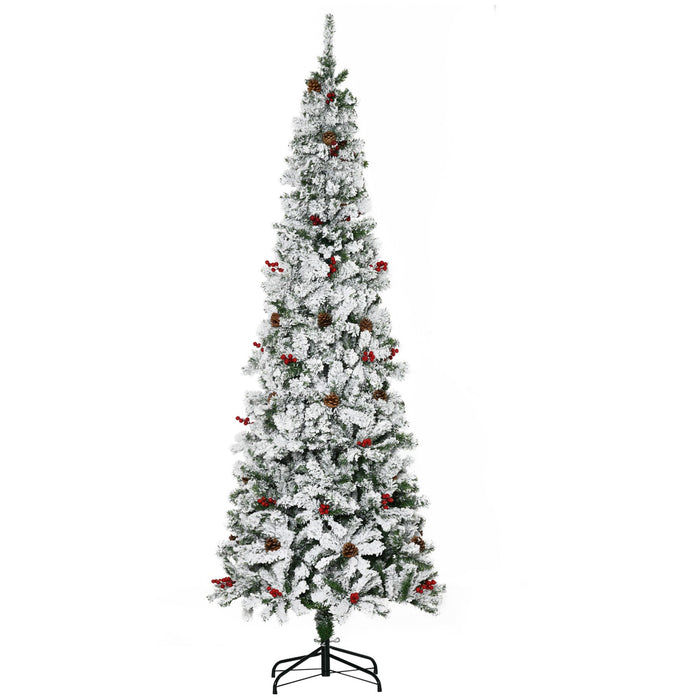 7.5FT Flocked Pencil Artificial Christmas Tree — 950 Tips, Snow, Pinecones, Berries, Unlit, Auto - Open - Monsta Online