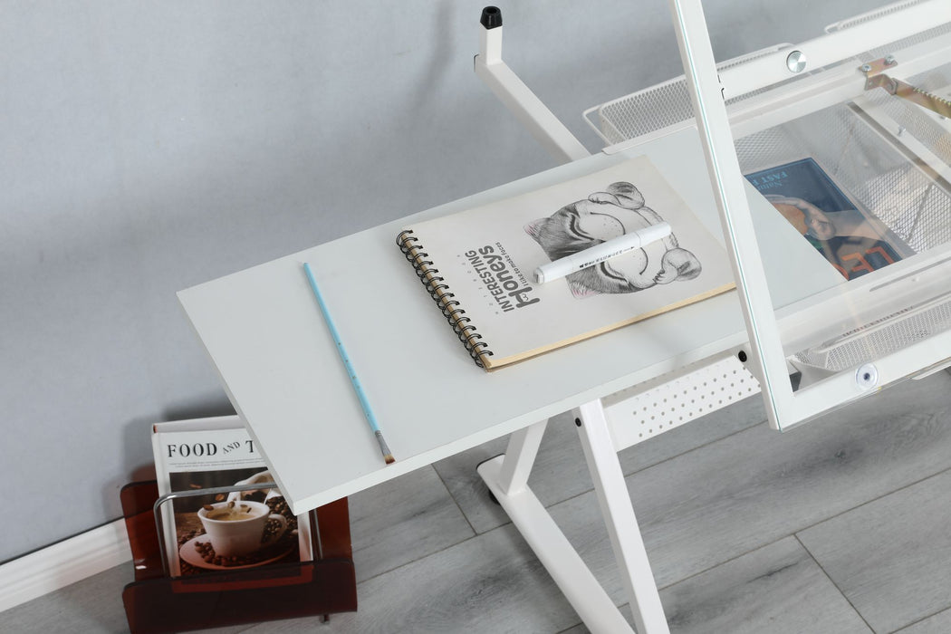 Sleek White Tempered Glass Drafting Table with Adjustable Features and Chair - Monsta Online
