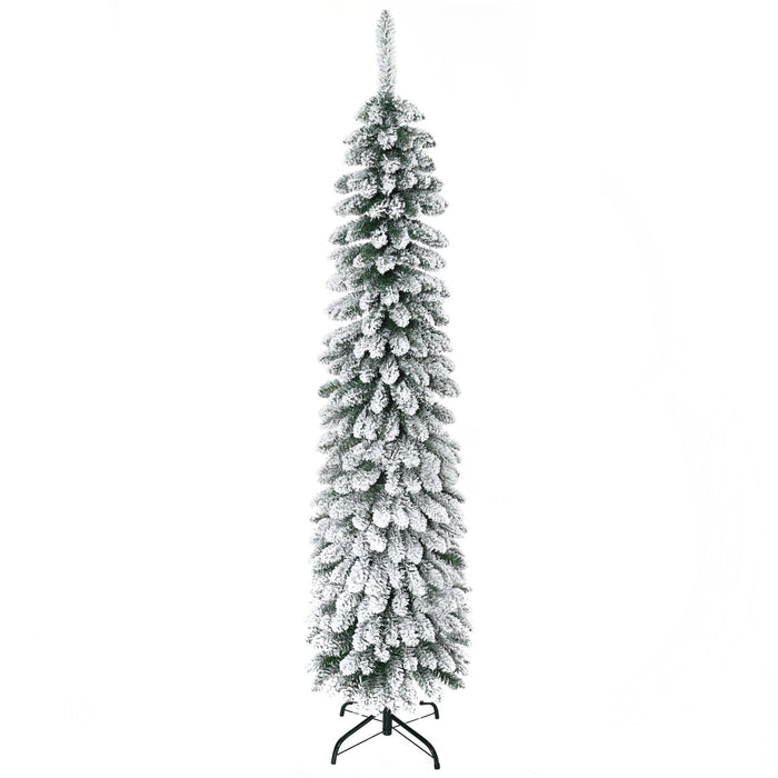 6FT Snow Flocked Pencil Artificial Christmas Tree — 395 Tips, Unlit, Slim Space - Saving, Metal Base - Monsta Online