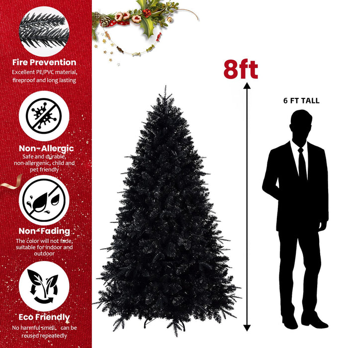 8FT Pre - Lit Black Artificial Christmas Tree — 600 White LED, 2486 Tips, PE+PVC, Hinged, Metal Stand - Monsta Online