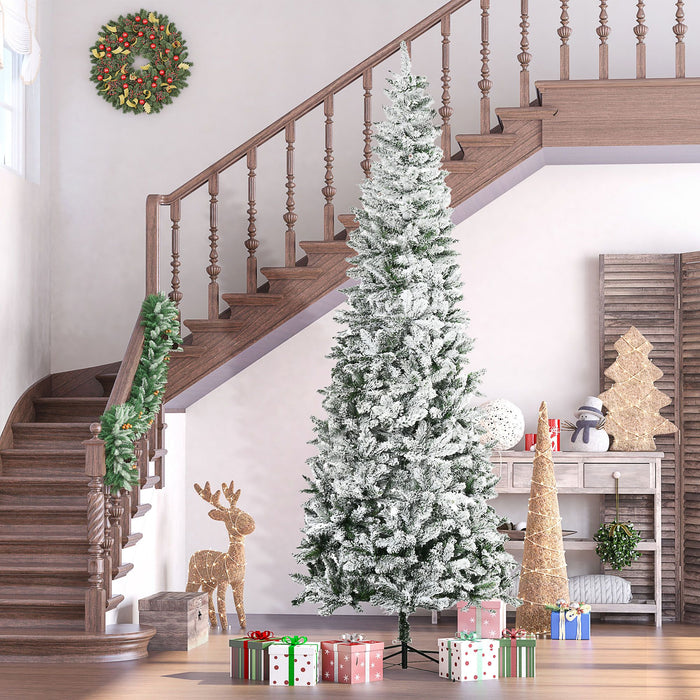 9FT Snow Flocked Pencil Artificial Christmas Tree — 1084 Tips, Unlit, Auto - Open, Green White, Steel Base - Monsta Online