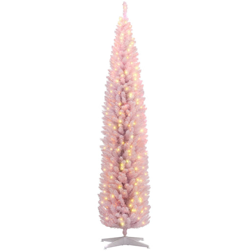 8FT Pink Pre - Lit Pencil Artificial Christmas Tree — 300 Warm White LEDs, 618 Tips, Slim, Steel Base - Monsta Online
