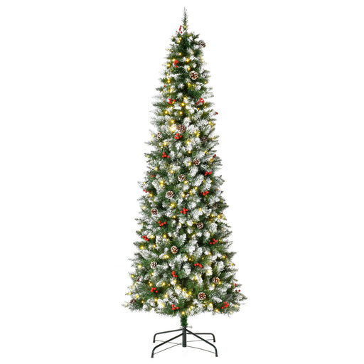 7.5FT Slim Snow Flocked Pre - Lit Artificial Christmas Tree — 350 Warm White LEDs, Pine Cones, Red Berries, 1075 Tips - Monsta Online