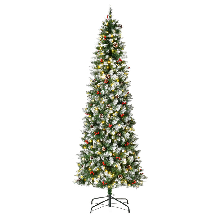 7.5FT Slim Snow Flocked Pre - Lit Artificial Christmas Tree — 350 Warm White LEDs, Pine Cones, Red Berries, 1075 Tips - Monsta Online