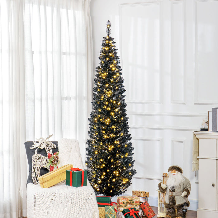 7FT Black Pre - Lit Pencil Artificial Christmas Tree — 250 Warm White LEDs, 499 Tips, Slim, Steel Base - Monsta Online