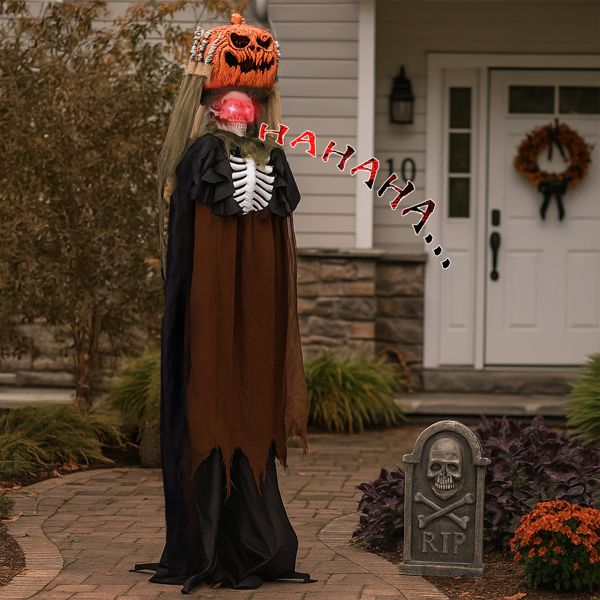 5.6ft Sound - Activated Pumpkin Head Ghost Halloween Animatronic – Glowing Eyes and Creepy Sounds - Monsta Online