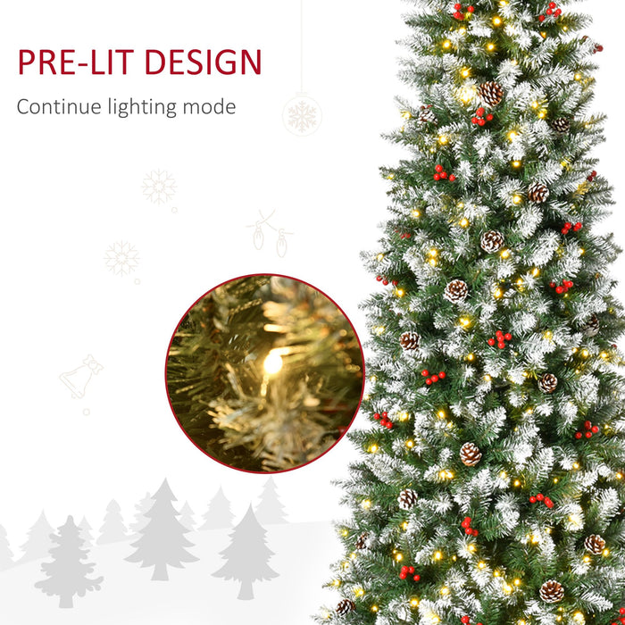 7.5FT Slim Snow Flocked Pre - Lit Artificial Christmas Tree — 350 Warm White LEDs, Pine Cones, Red Berries, 1075 Tips - Monsta Online