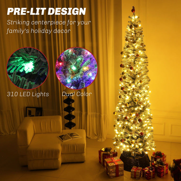 9FT Pre - Lit Flocked Pencil Christmas Tree — 895 Tips, Dual Color 310 LEDs, Remote Control, Metal Stand - Monsta Online