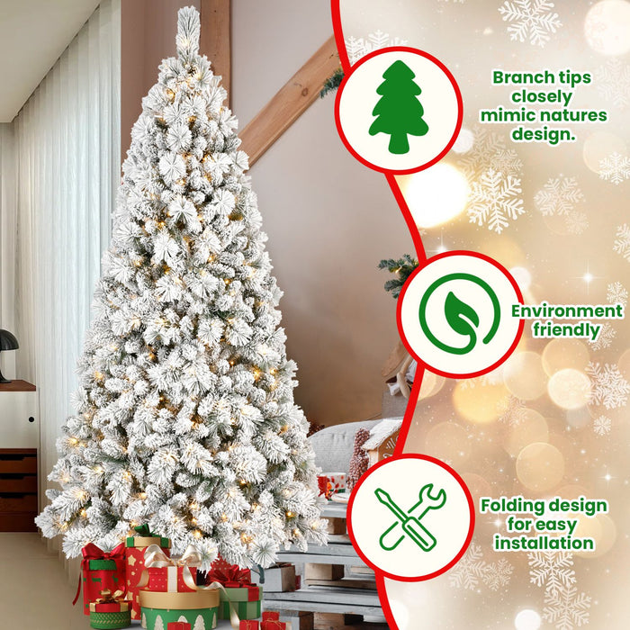 7.5FT Pre - Lit Flocked Artificial Christmas Tree — 500 Warm White LED, 1252 Tips, Hinged, Metal Stand - Monsta Online