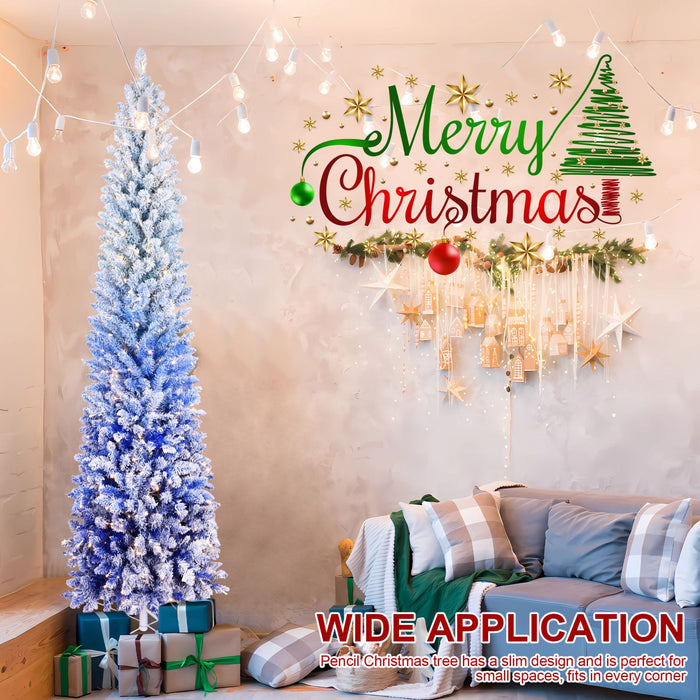 6FT Pre - Lit Blue Flocked Pencil Christmas Tree — 200 Warm LED, 485 Tips, Slim, Metal Stand - Monsta Online