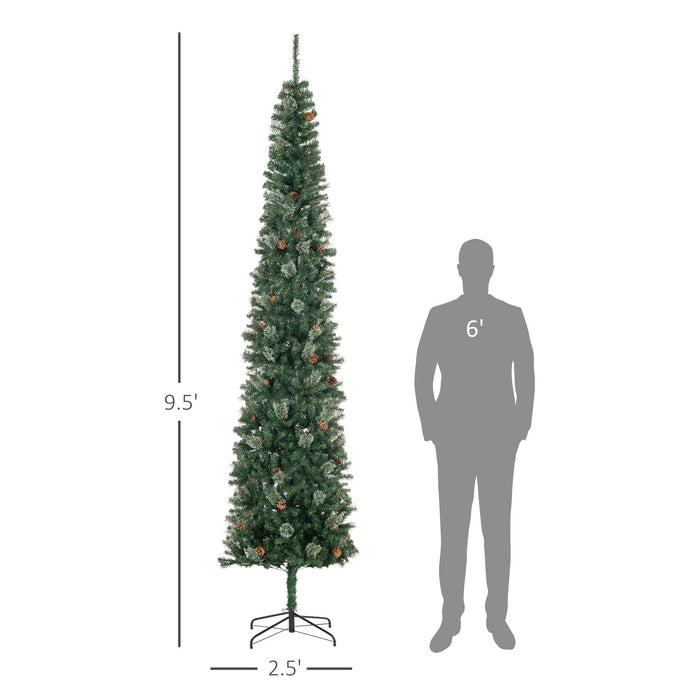 9.5FT Pencil Artificial Christmas Tree — 1132 Tips with Pine Cones, Pine Needles, Unlit, Metal Base - Monsta Online