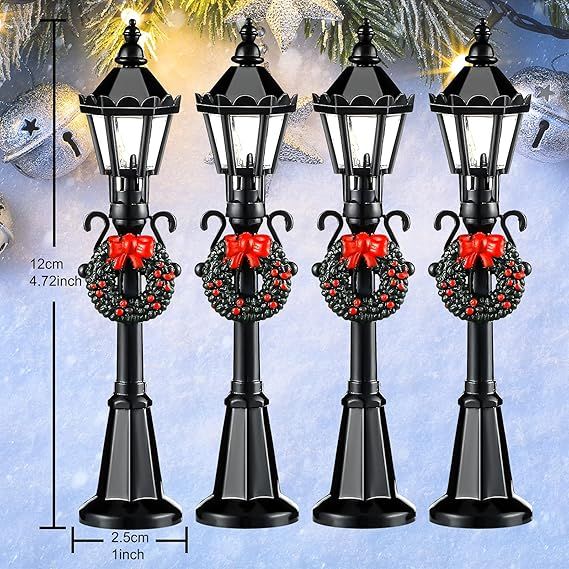 4.7" LED Christmas Lamp Post Village Accessories with Wreath - Set of 4 Miniature Street Lights - Monsta Online
