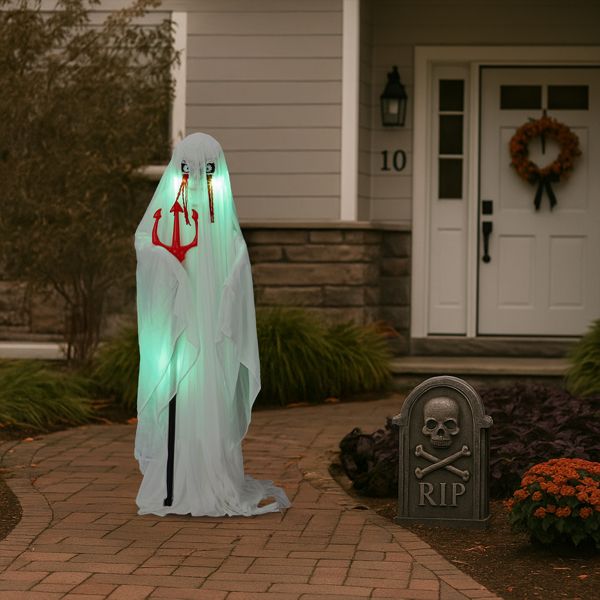 4.3ft Sound - Activated Halloween Animatronic Ghost with Trident – Green Lights and Creepy Sounds - Monsta Online