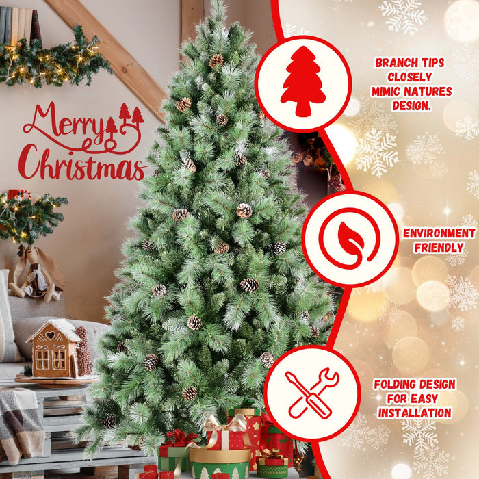 7FT Artificial Christmas Tree — Full, 82 Pine Cones, 1348 Tips, PVC+Hard Needle, Hinged, Metal Stand - Monsta Online