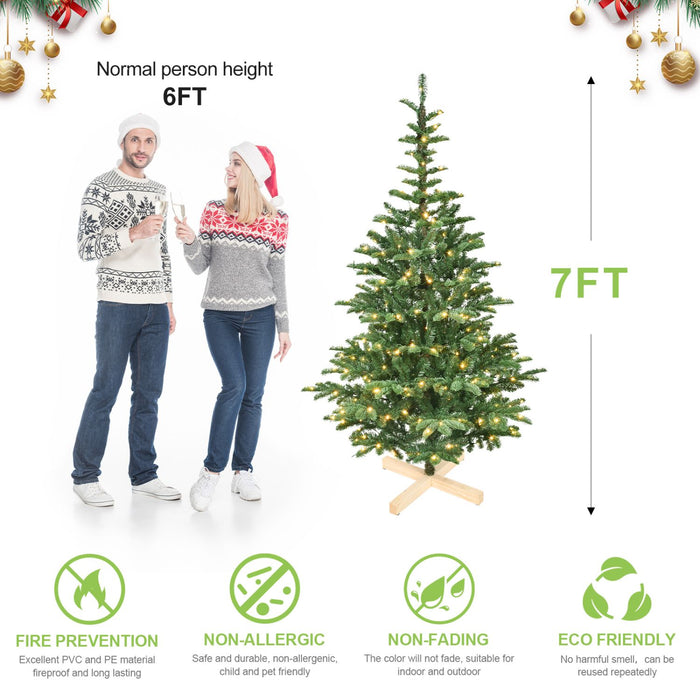 7FT Pre - Lit Artificial Christmas Tree — 400 Warm LED, Wooden Base, 941 Tips, PE+PVC, Rustic Style - Monsta Online