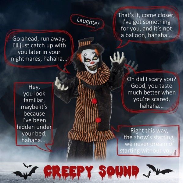 6.7ft Animatronic Halloween Clown – Motion and Sound Activated Decoration with Moving Head, Arms and Red Glowing Eyes - Monsta Online