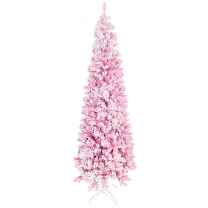 7.5FT Flocked Pink Pencil Artificial Christmas Tree — 800 Snow Tips, Unlit, Auto - Open, Slim Space - Saving - Monsta Online