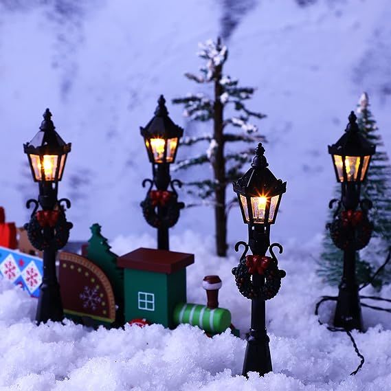 4.7" LED Christmas Lamp Post Village Accessories with Wreath - Set of 4 Miniature Street Lights - Monsta Online