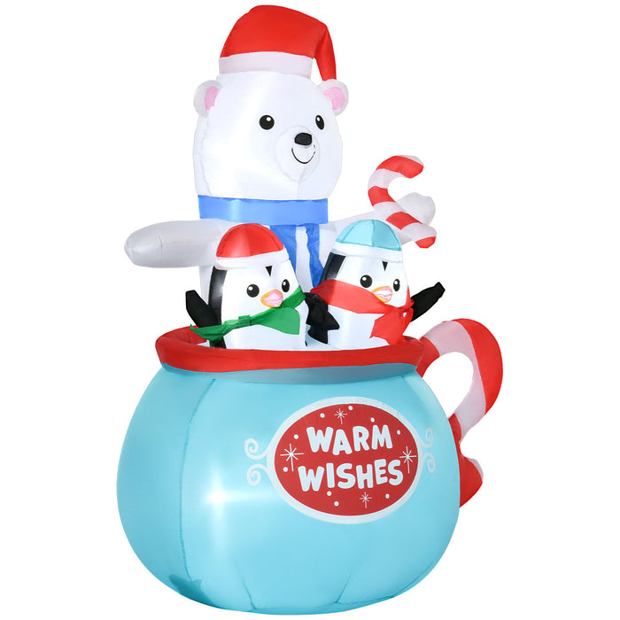 5FT Prelit Inflatable Polar Bear & Penguins in Hot Cocoa Cup with LED Lights - Outdoor Christmas Decoration - Monsta Online