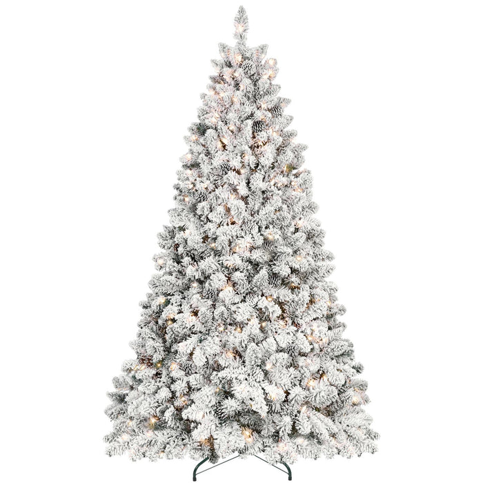 7.5FT Pre - Lit Flocked Artificial Christmas Tree White — 550 Warm LED, 49 Pine Cones, Hinged, Metal Stand - Monsta Online