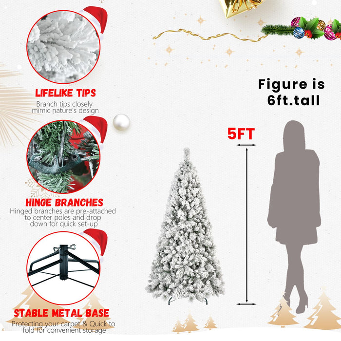 5FT Flocked White Artificial Christmas Tree — Full, 518 Tips, PVC+Hard Needle, Hinged, Metal Stand - Monsta Online