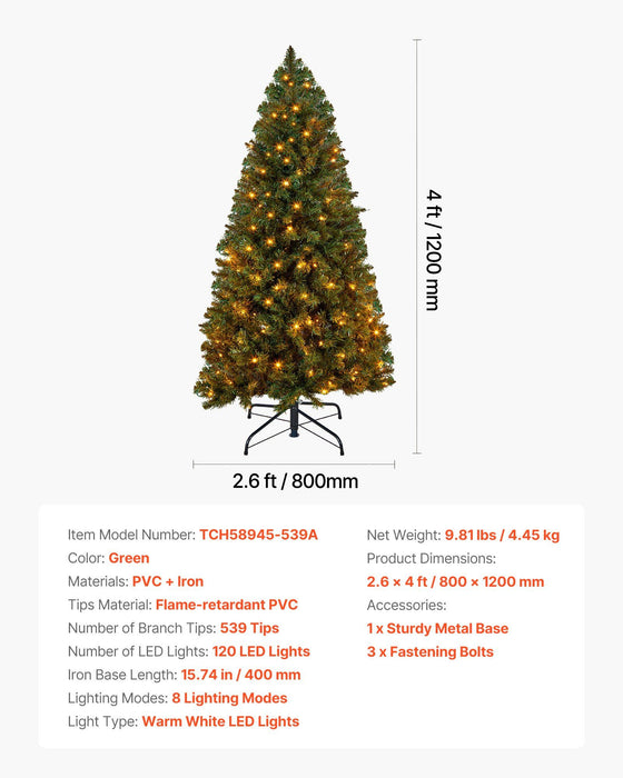 4FT Pre - Lit Artificial Christmas Tree — 539 Tips, 120 Warm White LEDs, 8 Modes, Metal Base - Monsta Online
