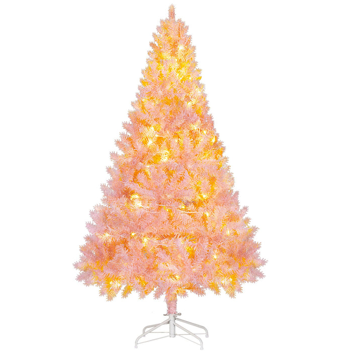 6FT Pink Flocked Pre - Lit Artificial Christmas Tree — 250 Warm White LEDs, 1000 Tips, Hinged, Metal Base - Monsta Online