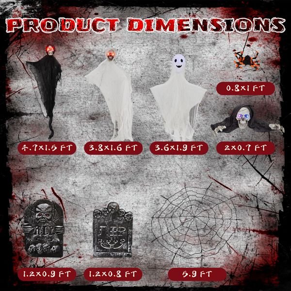 8 - Piece Outdoor Halloween Decoration Set 5.9ft Cobweb – Red Flashing Eyes, Hanging Ghosts, Gravestones and Spider - Monsta Online