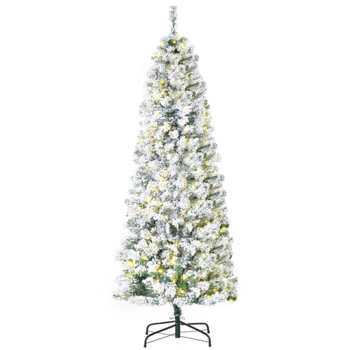 6FT Snow Flocked Pre - Lit Artificial Christmas Tree — 250 Warm White LEDs, 462 Tips, Hinged Pencil, Steel Base - Monsta Online