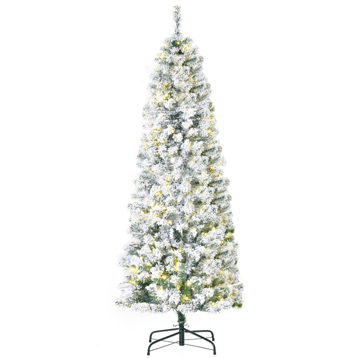 6FT Snow Flocked Pre - Lit Artificial Christmas Tree — 250 Warm White LEDs, 462 Tips, Hinged Pencil, Steel Base - Monsta Online