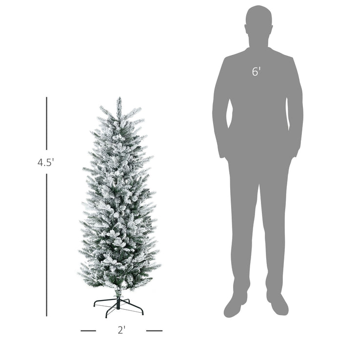 4.5FT Snow Flocked Pencil Artificial Christmas Tree — 267 Tips, Unlit, Auto - Open, Hinged, Steel Base - Monsta Online
