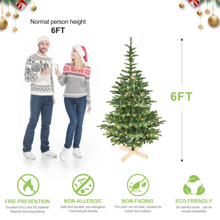 6FT Pre - Lit Artificial Christmas Tree — 300 Warm White LED, 611 Tips, PE+PVC, Wooden Base - Monsta Online