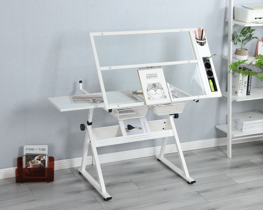 Sleek White Tempered Glass Drafting Table with Adjustable Features and Chair - Monsta Online