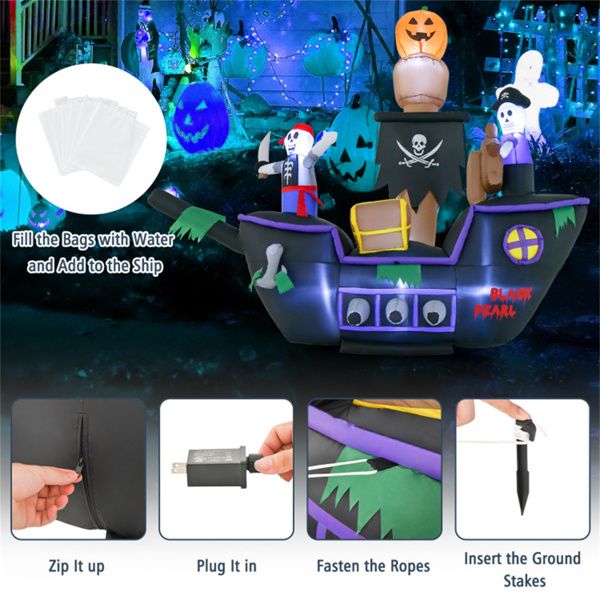 7FT Halloween Inflatable Pirate Ship with Skeletons & LED Lights - Monsta Online
