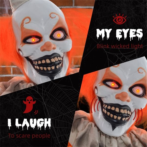 6ft Animatronic Halloween Clown – Moving Head and Arms with Red Glowing Eyes and Creepy Laughs - Monsta Online