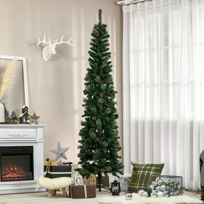 7.5FT Pencil Artificial Christmas Tree — 706 Tips with Pine Cones, Pine Needles, Unlit, Metal Base - Monsta Online
