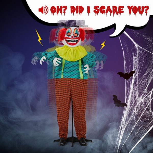 6ft Animatronic Halloween Clown – Motion and Sound Activated with Yellow Glowing Eyes and Shaking Head - Monsta Online