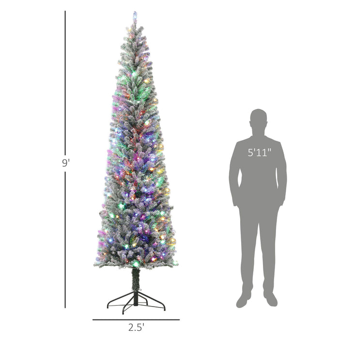 9FT Pre - Lit Flocked Pencil Christmas Tree — 895 Tips, Dual Color 310 LEDs, Remote Control, Metal Stand - Monsta Online