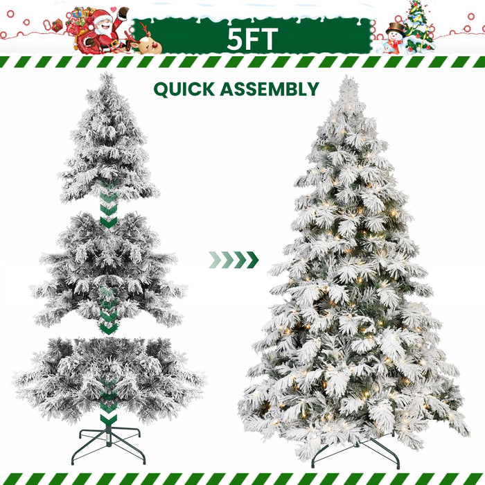 5FT Pre - Lit Flocked White Artificial Christmas Tree — 200 Warm LED, Memory Wire, Scarecrow Shape, Metal Stand - Monsta Online